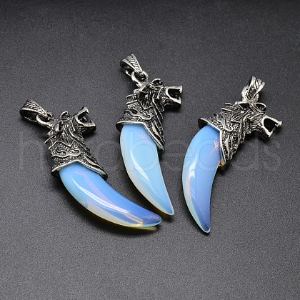 Tusk with Wolf Antique Silver Zinc Alloy Opal Big Pendants G-F228-63K-FF-1