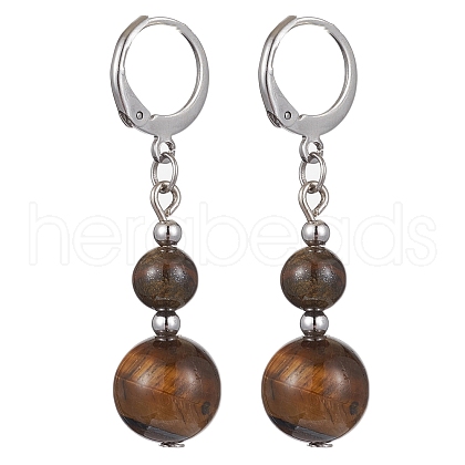Round Natural Tiger Eye Dangle Earrings EJEW-JE05536-04-1