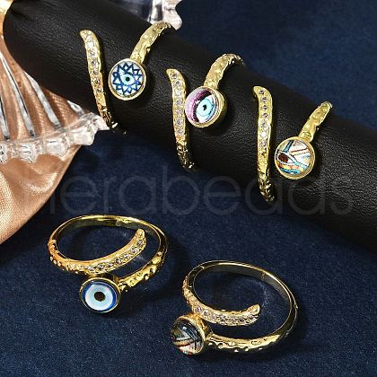 Brass Micro Pave Clear Cubic Zirconia Enamel Cuff Rings  for Women RJEW-L113-034G-1
