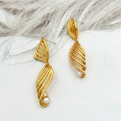 Line Brass Imitation Pearl Dangle Stud Earrings EJEW-M084-01G-1
