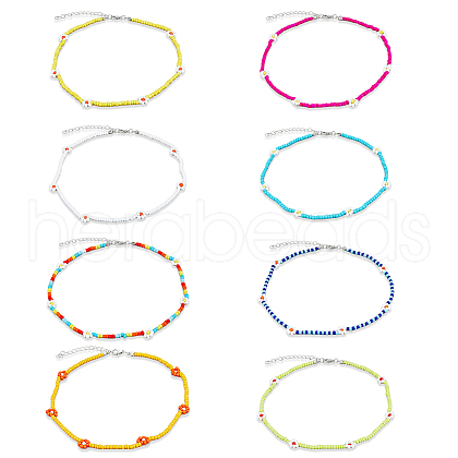 ANATTASOUL 8Pcs 8 Colors Glass Seed Braided Flower Beaded Necklaces Set for Women NJEW-AN0001-32-1