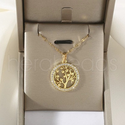 Brass Micro Pave Clear Cubic Zirconia Tree of Life Pendants NJEW-H066-01G-G-1