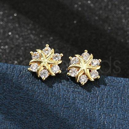 Flower Brass Micro Pave Clear Cubic Zirconin Stud Earrings EJEW-D318-10G-1
