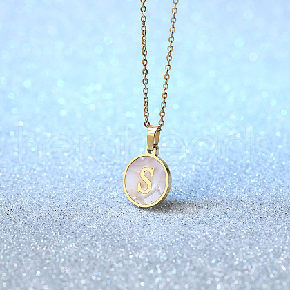 Flat Round Stainless Steel Pave Natural White Shell Initial Pendant Necklaces for Women FS-WG6FA45-19-1