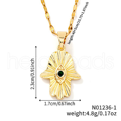 Chic Minimalist Brass Green Cubic Zirconia Hamsa Hand Pendant Dapped Chain Necklace for Women CX1024-1-1