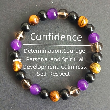 Round Natural Tiger Eye & Black Obsidian & Amethyst & Smoky Quartz Beads Stretch Bracelets for Girl Women FS-WGE0C43-09-1
