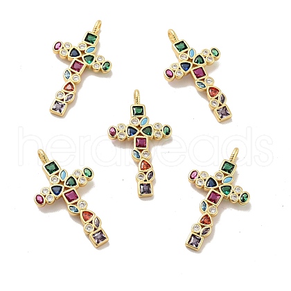 Cross Brass Micro Pave Colorful Cubic Zirconia Pendants X-KK-G419-17G-1