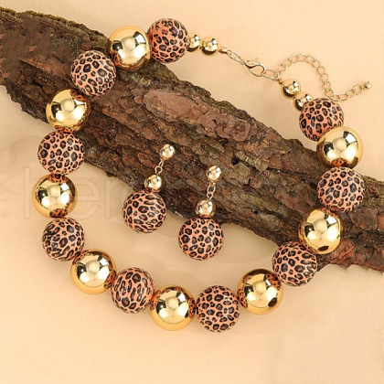 Alloy & Wood & CCB Plastic Round Beaded Necklaces & Stud Dangle Earrings Sets FS-WGB5D6A-02-1
