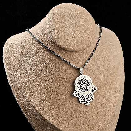 304 Stainless Steel Hollow Religion Hamsa Hand Pendant Necklaces NJEW-M086-01P-1