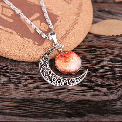 Alloy Glass Moon Syb Pendant Lumachina Chain Necklaces for Women WGDF061-01-1