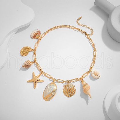 Brass & Natural Shell Starfish Shell Shaped Pendant Bib Necklaces for Beach FS-WG21969-01-1