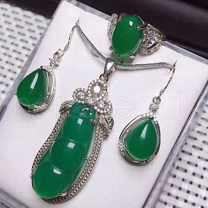 925 Sterling Silver Micro Pave Clear Cubic Zirconia with Natural Chalcedony Pendant Necklaces & Dangle Earrings & Rings Sets WG9CEA2-08-1