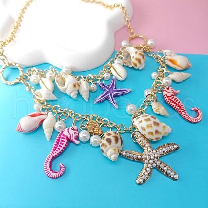 Alloy & Plastic Pearl & Natural Shell Pendant Necklaces FS-WGF2DC0-03-1