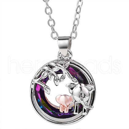 Mother's Day Double Elephant and Tree Alloy Pendant Necklace with Rhinestone JN1014A-1