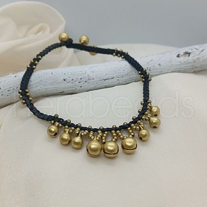 Ethnic Style Brass Bell Charm Braided Waxed Cord Adjustable Anklets for Women FS-WG2B00D-02-1