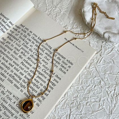 304 Stainless Steel Pave Natural Tiger Eye Pendant Necklaces FS-WG29919-01-1