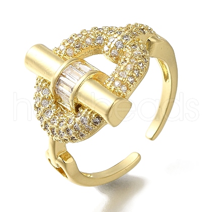 Rack Plating Oval with Bar Brass Clear Cubic Zirconia Open Cuff Rings RJEW-S411-28G-1