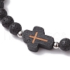 Cross Natural Lava Rock Beads & Wood Round Beads Stretch Bracelets for Men Women BJEW-JB11832-01-3