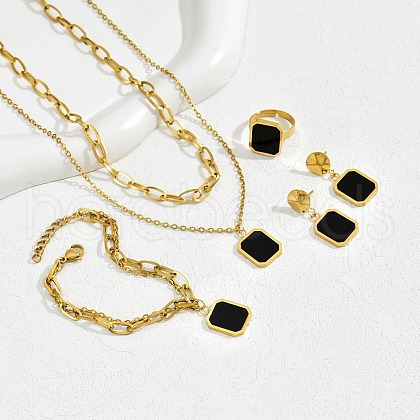 Rectangle Brass Pendant Necklaces & Stud Dangle Earrings & Charm Bracelets & Rings Sets FS-WG9F4AF-01-1