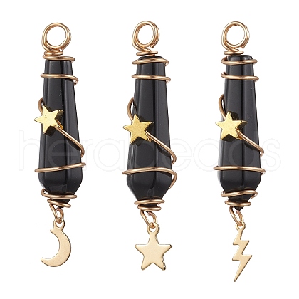 3Pcs 3 Styles Natural Obsidian Pointed Copper Wire Wrapped Faceted Bullet Big Pendants PALLOY-JF03573-02-1