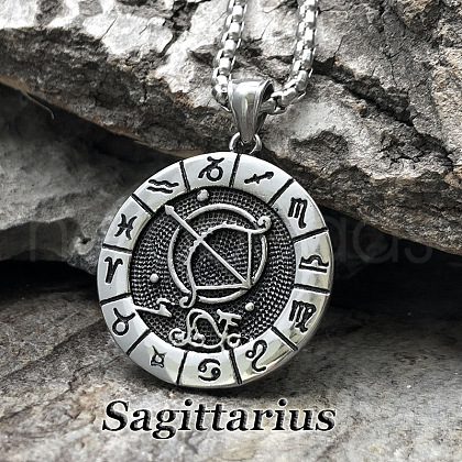 Flat Round with Engraved Twelve Constellation Alloy Pendant Necklace for Women Men WG25F4B-10-1