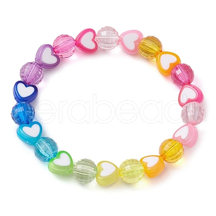 Heart & Faceted Round Acrylic Beaded Stretch Bracelets BJEW-JB10245-01-1