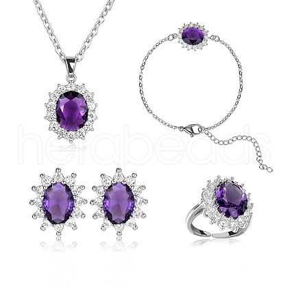 Cubic Zirconia Oval Pendant Necklace & Link Bracelet & Cuff Ring & Stud Earrings SJEW-SZC0001-01E-1