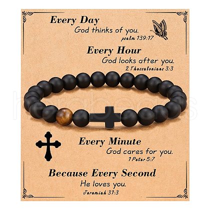 Cross Natural Tiger Eye & Frosted Black Obsidian Round Beads Stretch Bracelets for Men Women WG92FBF-04-1