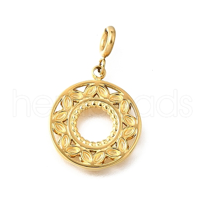 Flat Round with Flower 304 Stainless Steel Pendant Decorations STAS-H202-38G-1