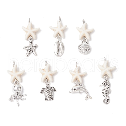 7Pcs 7 Styles Natural Howlite Starfish & Alloy Sea Animals Pendants PALLOY-JF03752-02-1