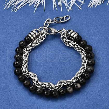 Natural Silver Leaf Jasper Round Beads Multi-strand Bracelets BJEW-D330-02P-07-1