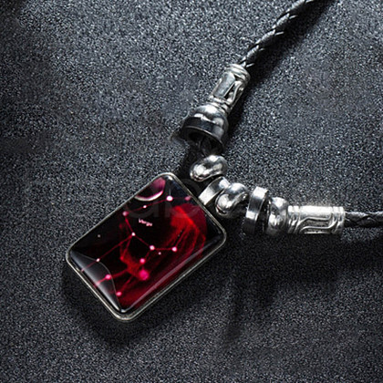 Luminous Alloy Glass Rectangle with Constellation Pendant Black Braided PU Leather Cord Necklaces WGCC9BA-06-1