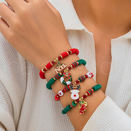 4Pcs 4 Styles Christmas Theme Handmade Polymer Clay Heishi Beads Stretch Bracelets WG289FB-12-1