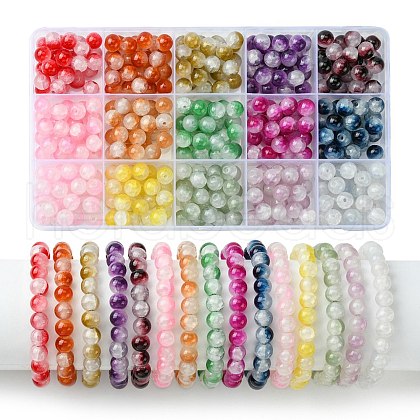 375Pcs 15 Colors Crackle Baking Painted Imitation Jade Glass Beads Sets DGLA-FS0001-06-1