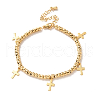 Vacuum Plating 304 Stainless Steel Cross Charm Bracelet with 201 Stainless Steel Round Beads for Women BJEW-B057-24G-1
