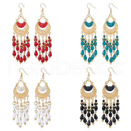 FIBLOOM 4 Pairs 4 Colors Glass Seed Beaded Tassel Chandelier Earrings EJEW-FI0002-40-1