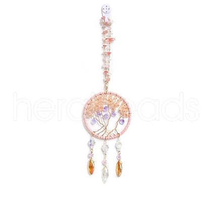 Natural Rose Quartz Chips Flat Round with Tree of Life Pendant Decorations TREE-PW0003-16-1