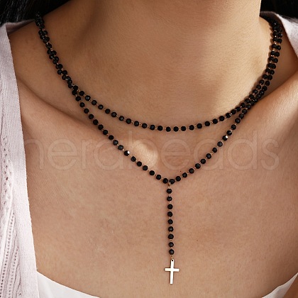 Gothic 304 Stainless Steel & Glass Double Layer Cross Pendant Necklaces for Women FS-WG8F80C-01-1