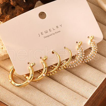 3 Pairs 304 Stainless Steel Pave Clear Cubic Zirconia and Imitation Pearl Hoop Earrings Sets FS-WGF1EAA-01-1