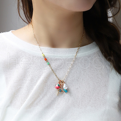 Hamsa Hand & Evil Eye & Pepper Alloy Enamel & Plastic Pearl Pendant Necklaces for Women FS-WG9A1DD-02-1