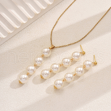 Elegant Stainless Steel & Round Plastic Imitation Pearl Stud Earrings & Necklaces Sets for Women QM1895-1