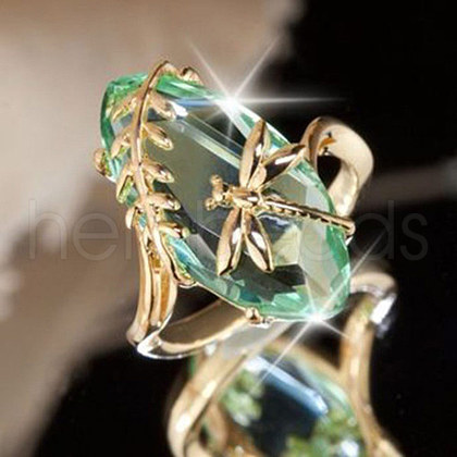 Leaf & Dragonfly Brass Glass Finger Rings FS-WGB6037-01-1