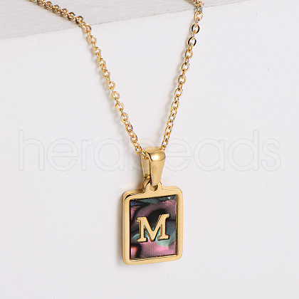 304 Stainless Steel Pave Natural Paua Shell Rectangle Initial Pendant Necklaces for Women FS-WG38E89-13-1