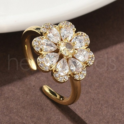 Flower Brass Micro Pave Cubic Zirconia Cuff Rings for Women RJEW-A069-01B-G-1