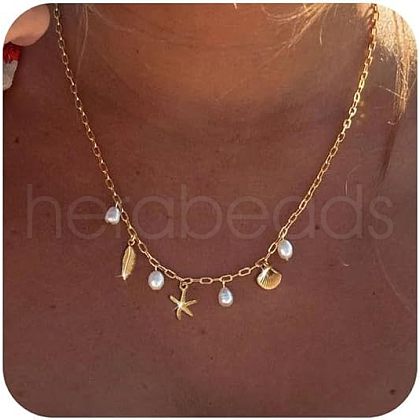 Summer Beach Brass & Plastic Imitation Pearl Pendant Necklaces for Women FS-WG04E65-01-1