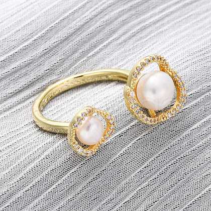 Brass with Natural Pearl Adjustable Cuff Rings RJEW-Q023-03G-1