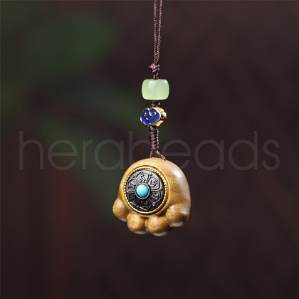 Sandalwood Cat Paw Print Pendant Decorations with Carved Inlaid Six-Character Mantra PW-WGCC698-03-1