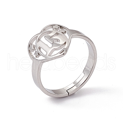 201 Stainless Steel Heart with Number 15 Adjustable Ring for Women RJEW-C045-12P-1