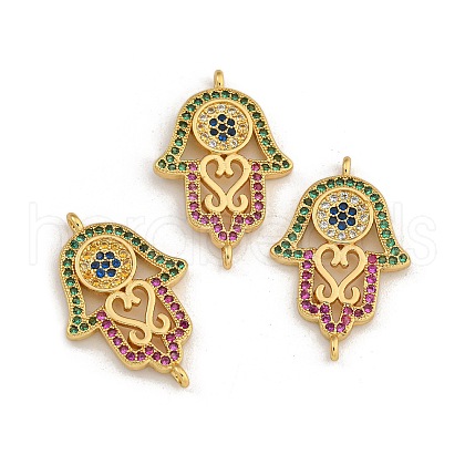 Rack Plating Brass Micro Pave Cubic Zirconia Religion Hamsa Hand Connector Charms KK-C074-55G-1
