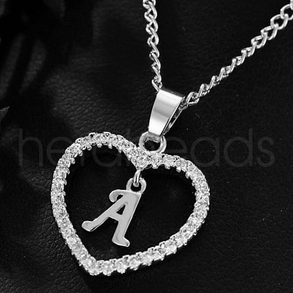 Brass Micro Pave Clear Cubic Zirconia Hollow Heart with Initial Pendant Necklaces WG4069A-06-1